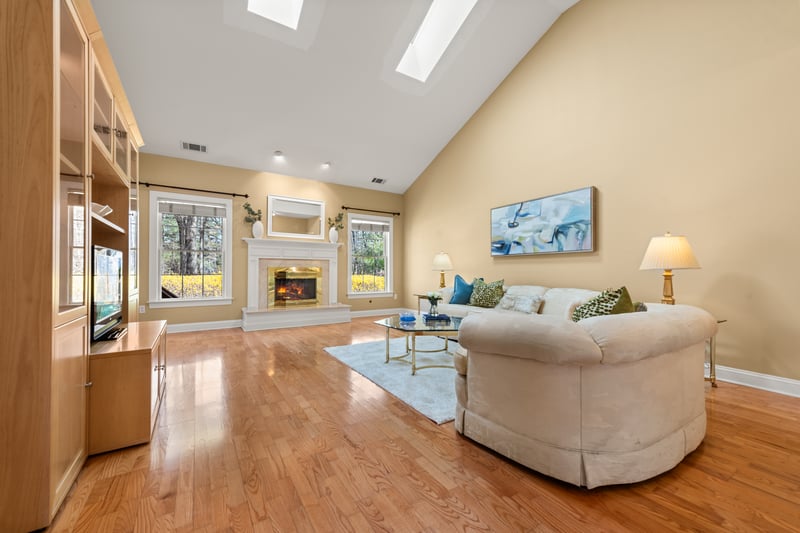 Nice sized living room with vaulted ceiling and skylights for even more natural light